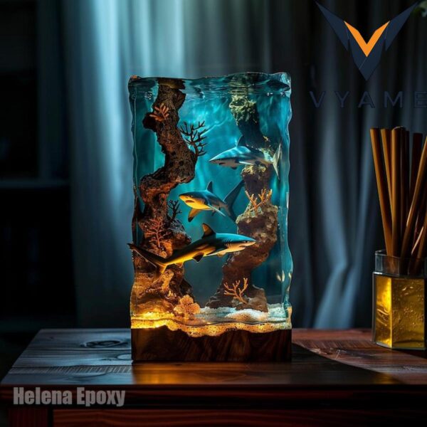 3D Epoxy Resin Shark Lamp – Ocean Night Light with Wood Base _ Unique Home Decor & Christmas Gift