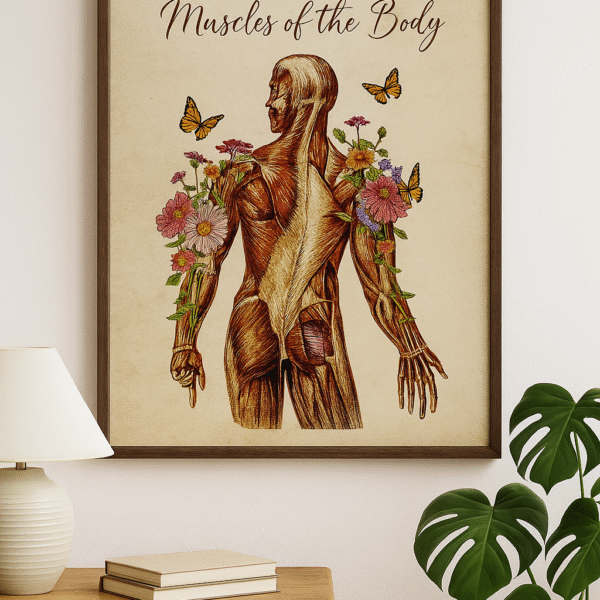 Anatomical Muscle System Art Print with Floral and Butterfly Design — Muscles of the Human Body Wall Art Poster