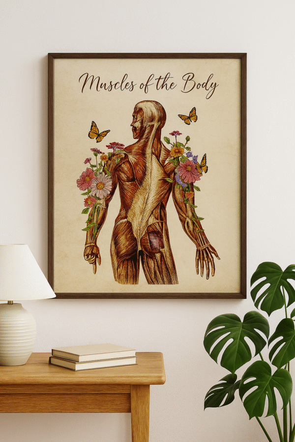 Anatomical Muscle System Art Print with Floral and Butterfly Design — Muscles of the Human Body Wall Art Poster