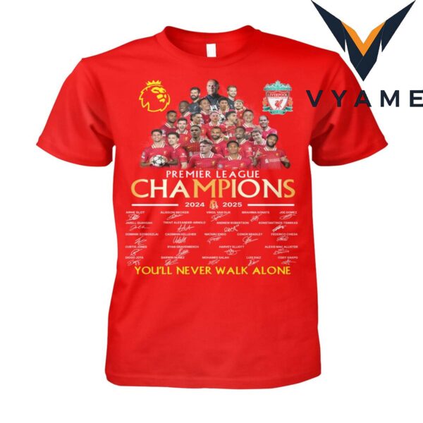 The red t-shirt commemorates Liverpool’s victory in the 2024-2025 Premier League season