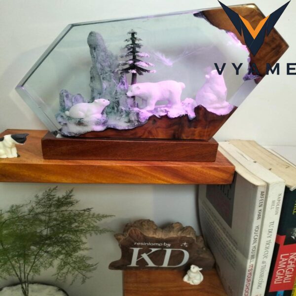 3D Polar Bear mother and cub resin night light, arctic diorama art for nursery room gift.